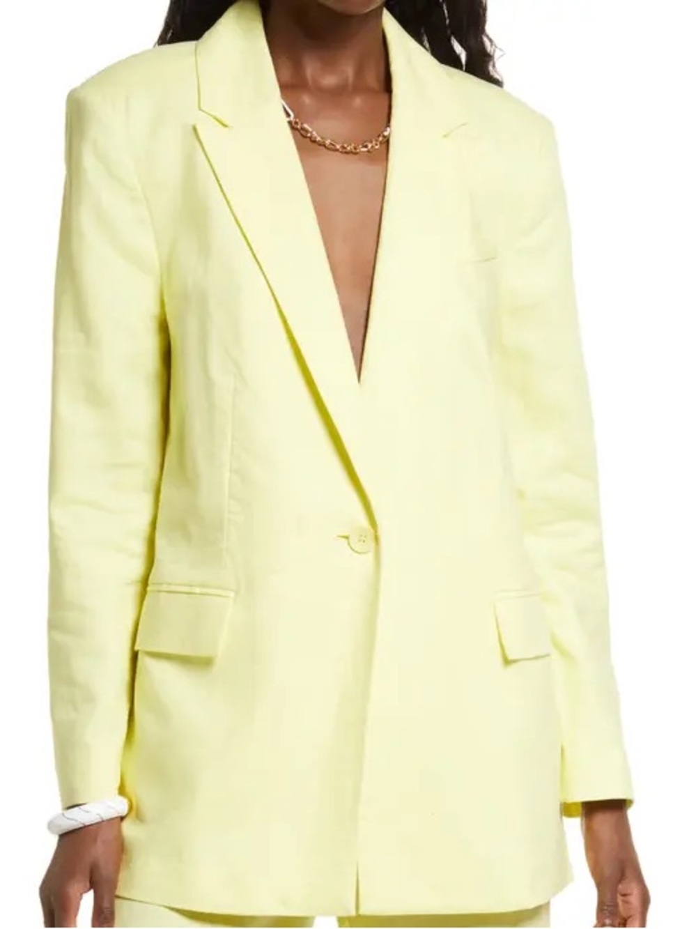 Open Edit Women’s Blazer L Yellow Linen Blend Relaxed Fit Business Casual Career
